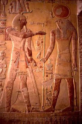 Relief depicting Merneptah (1236-1223 BC) being greeted by Re-Herakhty, from the Tomb of Merneptah, c.1297-118