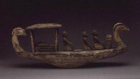 Tomb model of a boat, with a mummy on a bier under a canopy with three male crew, with a mummy on a Late Perio