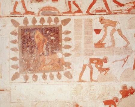 Wall painting depicting two men collecting water from a square lake surrounded by trees and slaves m von Egyptian