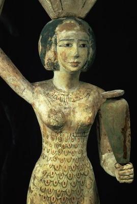 Female bearer of offerings carrying a water vase in her hand and a vessel on her head, Egyptian, Mid 18th
