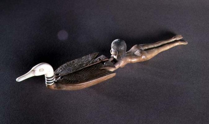 Spoon with a flattened handle in the form of a swimmer, New Kingdom, c.1400 BC (wood & ivory) (see a von Egyptian 18th Dynasty