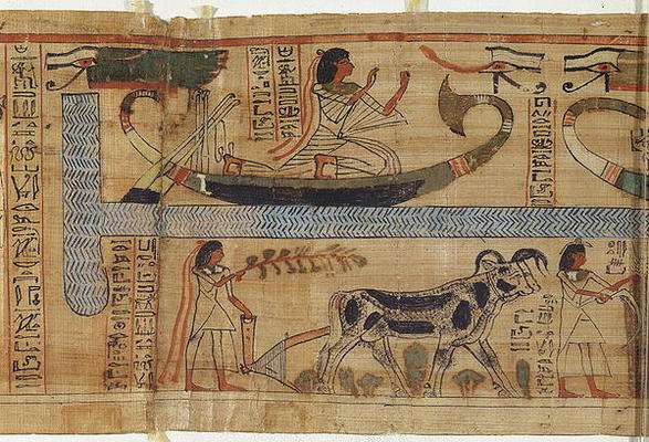 Detail from the Book of the Dead of the priest Aha-Mer depicting a barque and a farming scene, Third von Egyptian 21st Dynasty