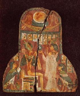 Lid of the coffin of the singer, Toarnemiherti, showing the deceased offering incense to Osiris enth 18th