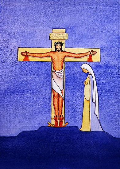 Mary stands by the Cross as Jesus offers His life in Sacrifice, 2005 (w/c on paper)  von Elizabeth  Wang