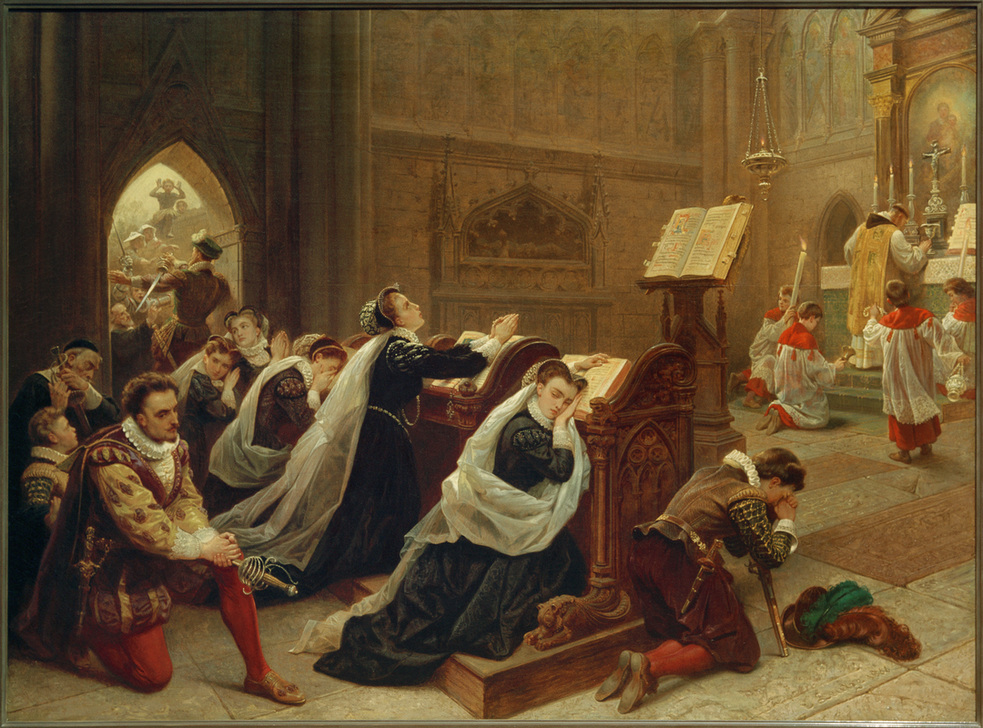 Maria Stuart nach ihrer Rückkehr aus Frankreich in Hollyroodhouse die erste Messe hörend. von Emanuel Leutze