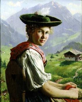 Girl with a Hat in Mountain Landscape