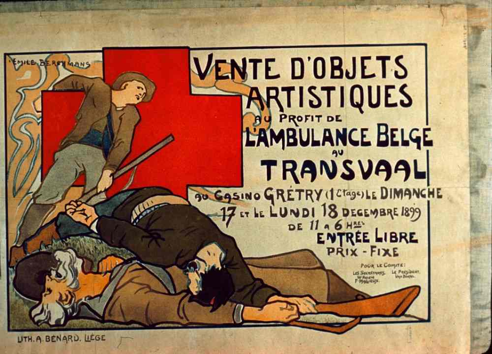 Plakat für den Verkauf von Kunstgegenständen zugunsten des Belgischen Krankenwagens in Transvaal, Li von Émile Berchmans
