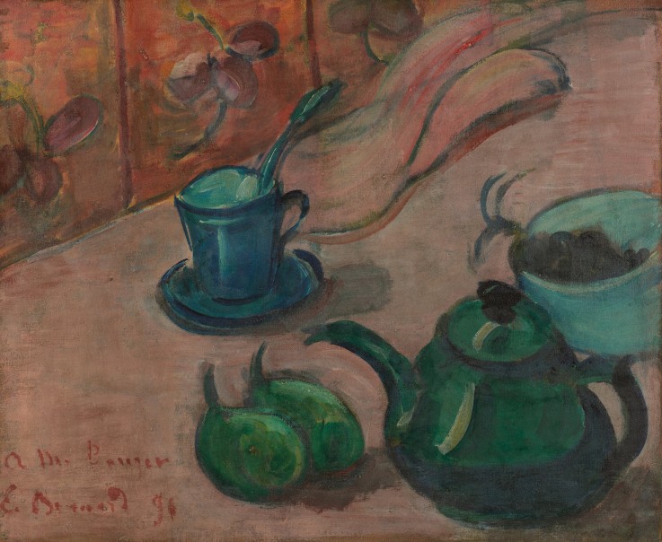 Stillleben mit Teekanne, Tasse und Früchten von Emile Bernard