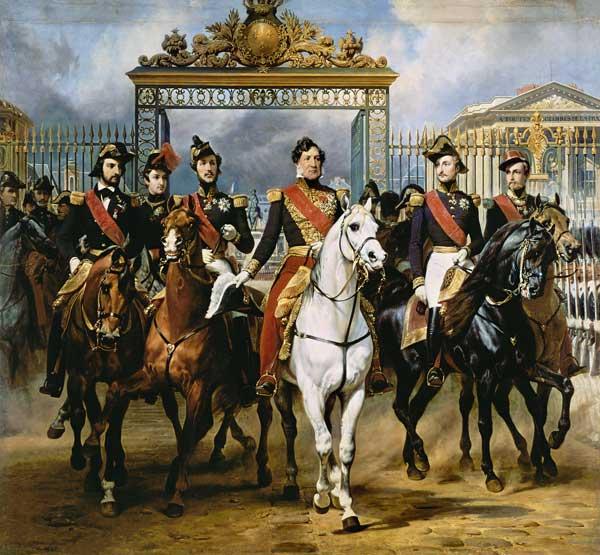 Louis Philippe und seine Söhne zu Pferde beim Verlassen von Schloss Versailles. 1846