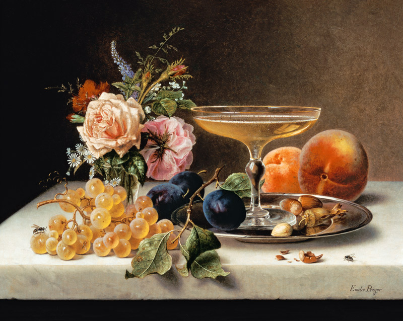 Früchtestilleben mit Blumen und Sektschale von Emilie Preyer