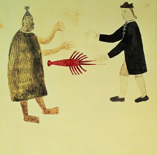 A Maori bartering a crayfish with an English naval officer, from a series of drawings illustrative o von English School