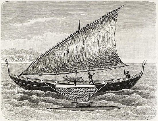 Boat of the Mortlock Islands, with outrigger and sail of rush-matting, from ''The History of Mankind von English School
