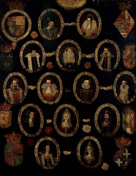 Genealogical chart tracing the Tudor roots of Mary Stuart, Queen of Scots (1542-87) and her son Jame von English School