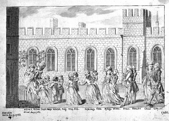King George III and Queen Charlotte walking in procession with their fourteen children, 1781 (pen &  von English School