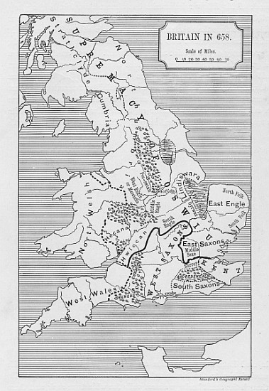 Map of Britain in 658, produced by Stanford''s Geographical Establishment von English School