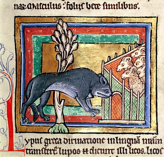 MS Roy 12 C XIX fol.19 A wolf outside a sheep fold, from a bestiary or moralised history, Durham (12 von English School