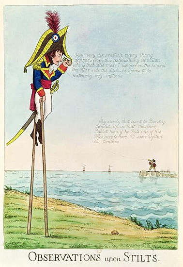 Observations Upon Stilts, caricature of Napoleon standing on stilts observing Pitt and England acros von English School