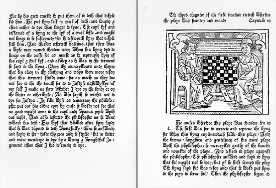 Pages from the English translation of ''De Ludo Saccorum'' Jacques de Cessoles, including an illustr von English School