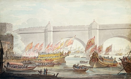 The Lord Mayor landing at Westminster, with a View of the Bridge von English School