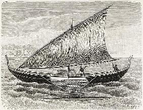 Boat of the Mortlock Islands, with outrigger and sail of rush-matting, from ''The History of Mankind