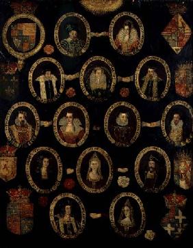 Genealogical chart tracing the Tudor roots of Mary Stuart, Queen of Scots (1542-87) and her son Jame c.1603