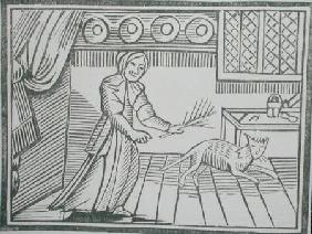 An old woman whipping her cat for catching mice on a Sunday, from a collection of chapbooks on esote c. 14th-c1