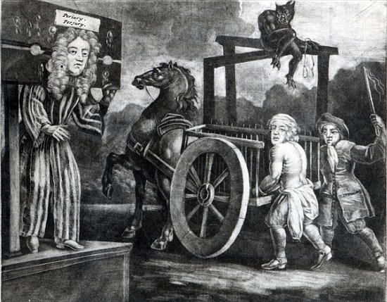 Titus Oates on the third day of his punishment in 1685, when he was stripped, tied to a cart and whi von English School