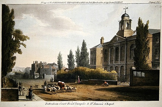 Tottenham Court Road Turnpike and St. James''s Chapel, from ''Ackerman''s Repository of Arts'' publi von English School