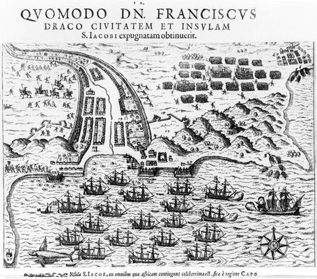 Plan Showing how Francis Drake (c.1540-96) Stormed and Held the Island of San Jacob (engraving) (b/w von English School, (17th century)