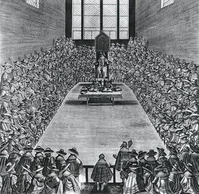 King James I (1566-1625) in the Houses of Parliament, 1624 (engraving) (b/w photo) von English School, (17th century)