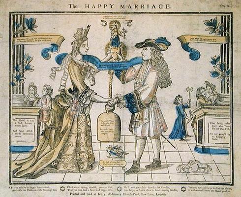 The Happy Marriage (stencil coloured woodcut) von English School, (17th century)