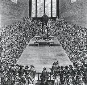 King James I (1566-1625) in the Houses of Parliament, 1624 (engraving) (b/w photo) 1891