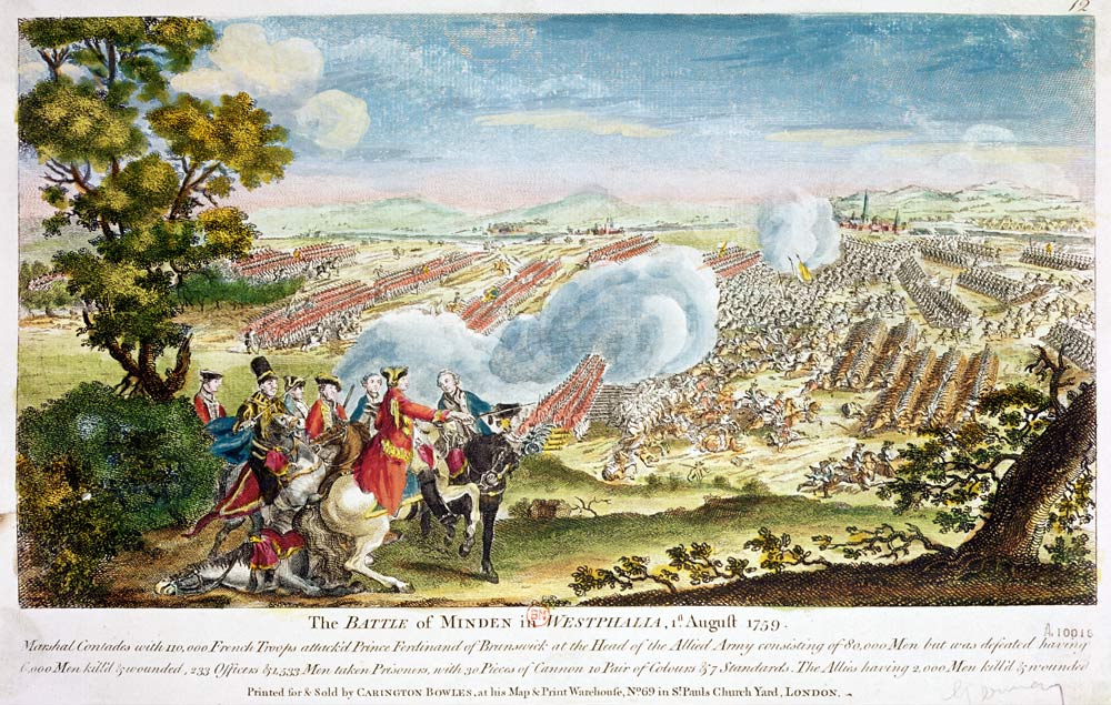 The Battle of Minden in Westphalia in 1759 (colour litho) von English School, (18th century)
