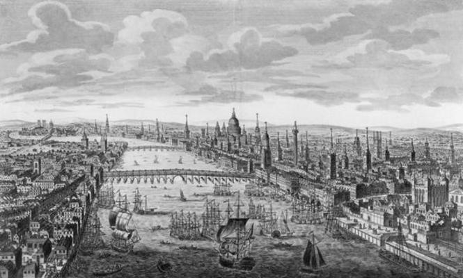 A General View of the City of London next to the River Thames, c.1780 (engraving) (b/w photo) von English School, (18th century)