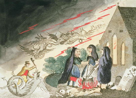 Three Witches in a Graveyard, c.1790s (coloured engraving) von English School, (18th century)