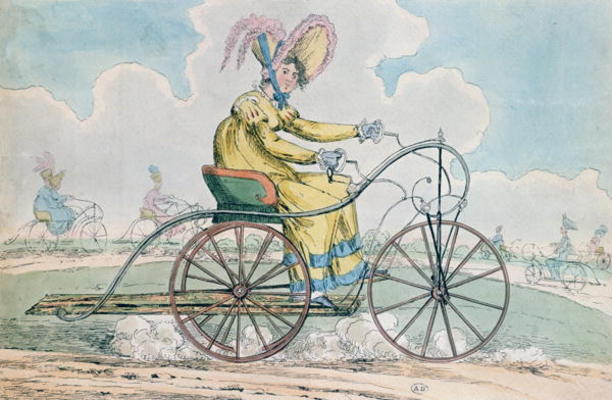 Bicycle with three wheels, the Ladies' hobby, 1819 (colour litho) von English School, (19th century)