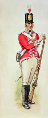 British soldier in Napoleonic times carrying a musket (w/c) von English School, (19th century)