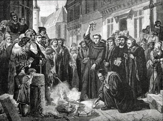 Martin Luther (1483-1546) Publicly Burning the Pope's Bull in 1521 (engraving) von English School, (19th century)