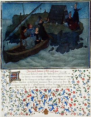 Ms. 2597 Heart, Desire and Generosity land in the night with Fiance and Expectation on the rock of t von English School, (19th century)