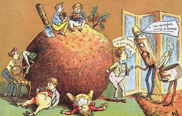 The Christmas Pudding, a Victorian christmas card (colour engraving) von English School, (19th century)