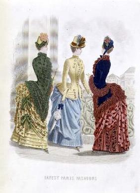 Latest Paris Fashions, three day dresses in a fashion plate from 'The Queen', May 1885 (coloured eng 20th