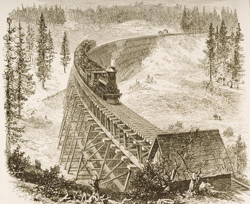 Trestle Bridge on the Pacific Railway, Sierra Nevada, c.1870, from 'American Pictures', published by von English School, (19th century)