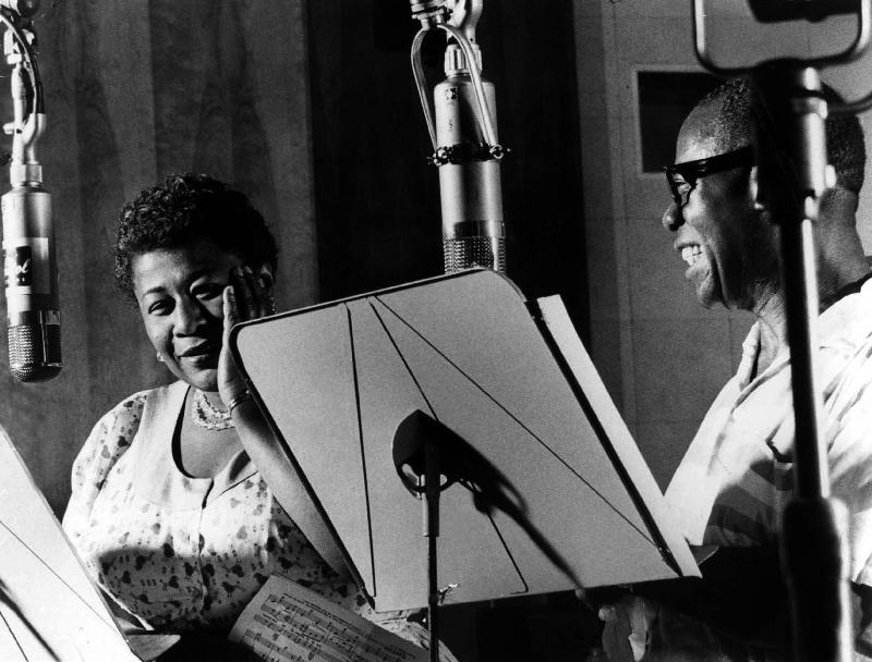 Ella Fitzgerald American jazz Singer with Louis Armstrong jazz trumpet player and Singer during a re von English Celebrities Photographer