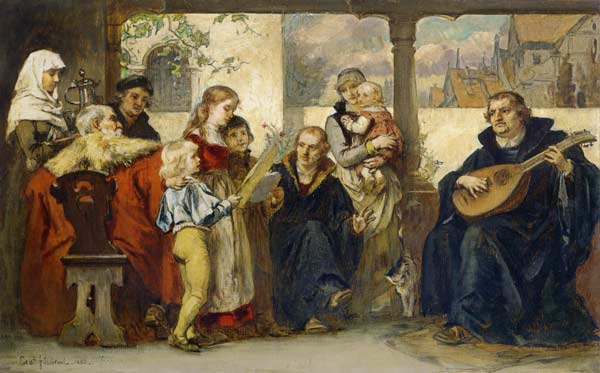 Martin Luther im Kreise seiner Familie musizierend (mit Cranach u.Melanchthon) von Ernst Hildebrandt