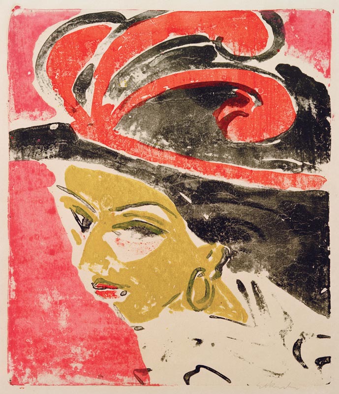 Kokottenkopf mit Federhut. von Ernst Ludwig Kirchner