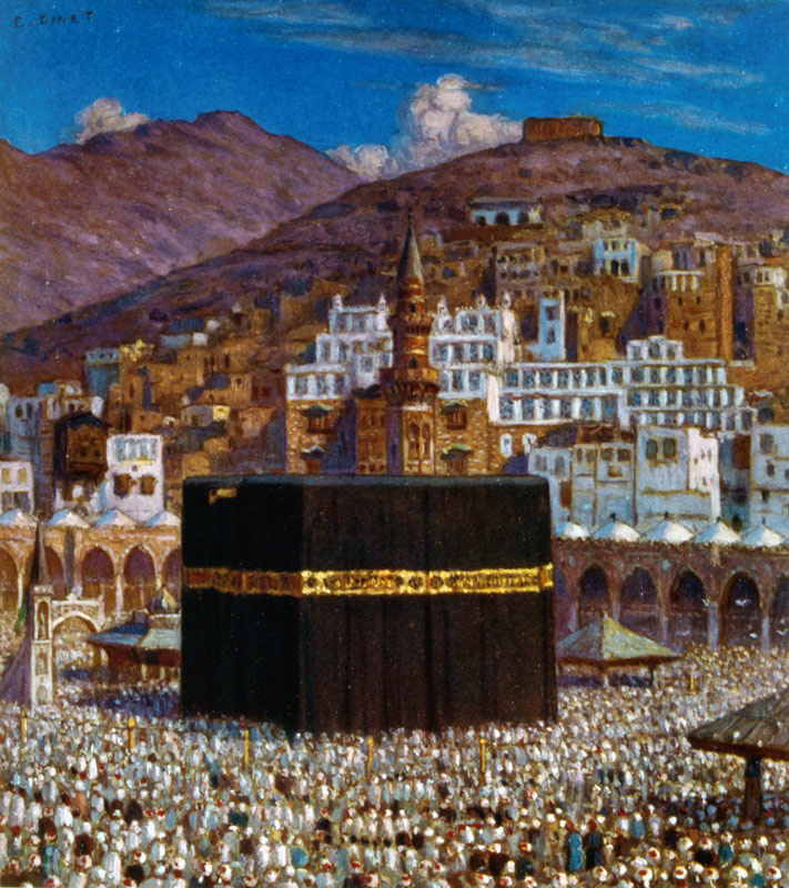 Illustration depicting Moslem pilgrims at the Kabbah in Mecca. by Nasreddine Dinet von Etienne Dinet