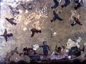 Fishermen in a boat and birds flying, from the Tomb of Fishing and Hunting c.520-510