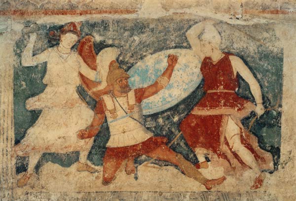 Two Amazons in combat with a Greek, from Tarquinia von Etruscan