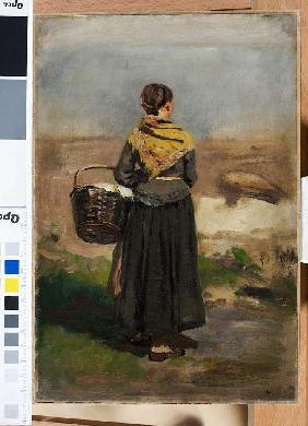 Rückenfigur einer stehenden Frau in Landschaft (Studie) Vor 1879