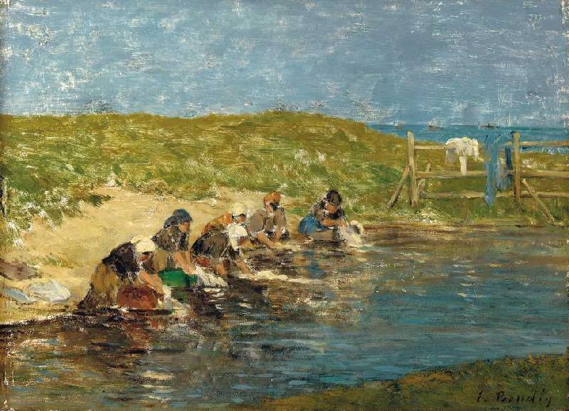 Wäscherinnen am Rand eines Teiches. von Eugène Boudin
